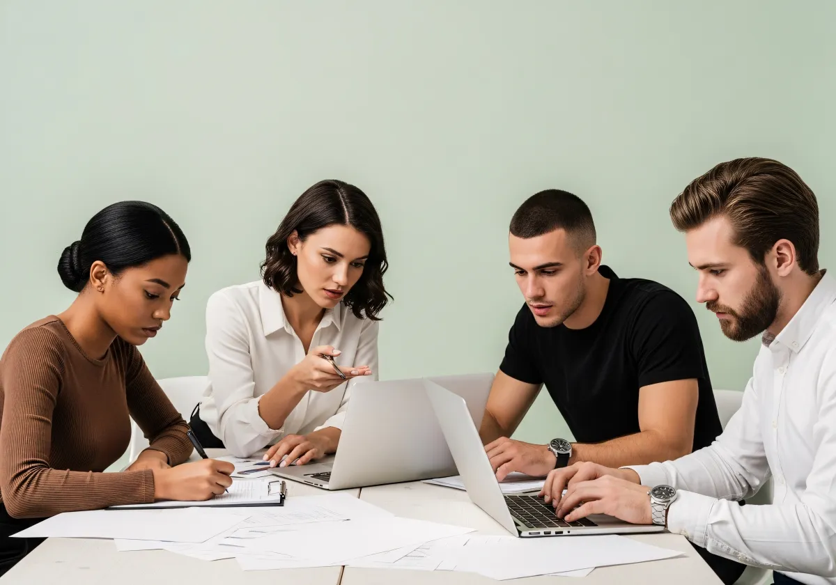 Equipa startup reunida em escritório moderno